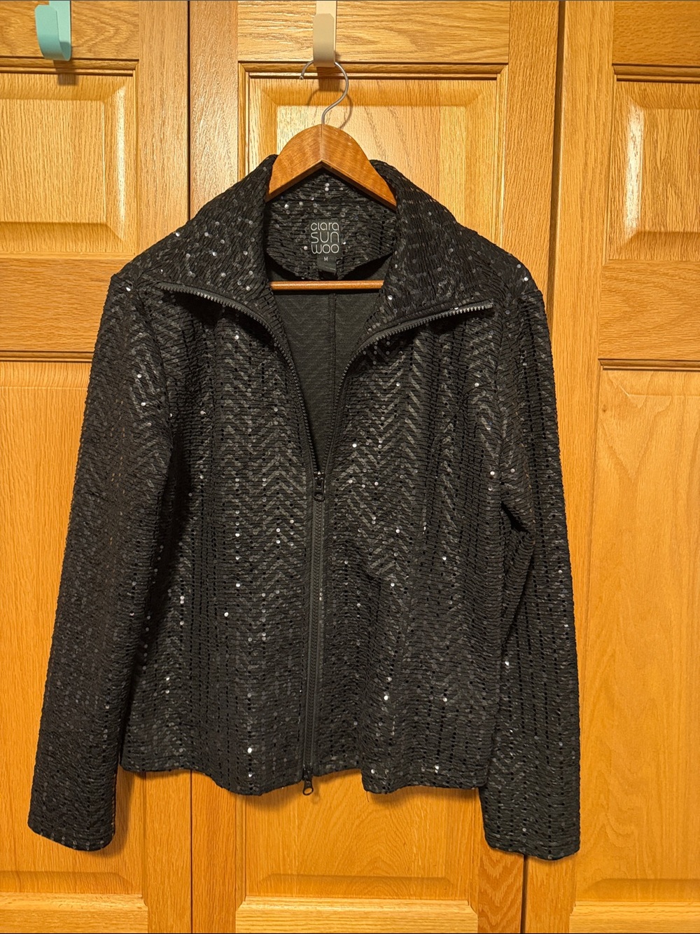 Clara Sun Woo Black Sequin Zip Bomber Jacket lightweight size medium